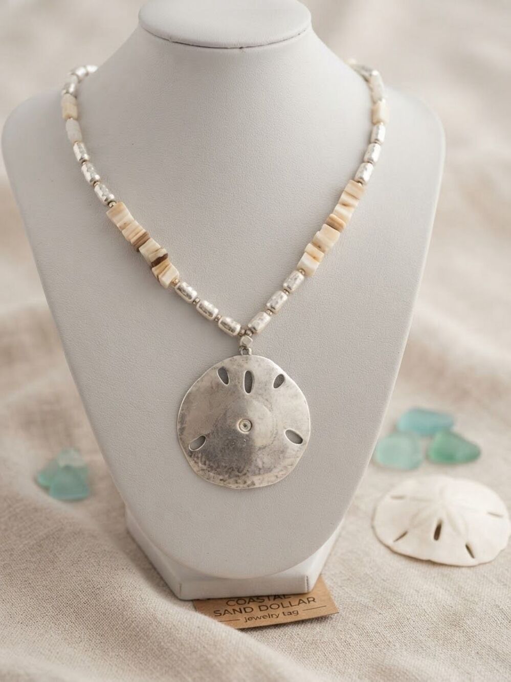Coastal Sand Dollar Pendant Necklace 36 Long Boho Silver Beaded Beach Jewelry